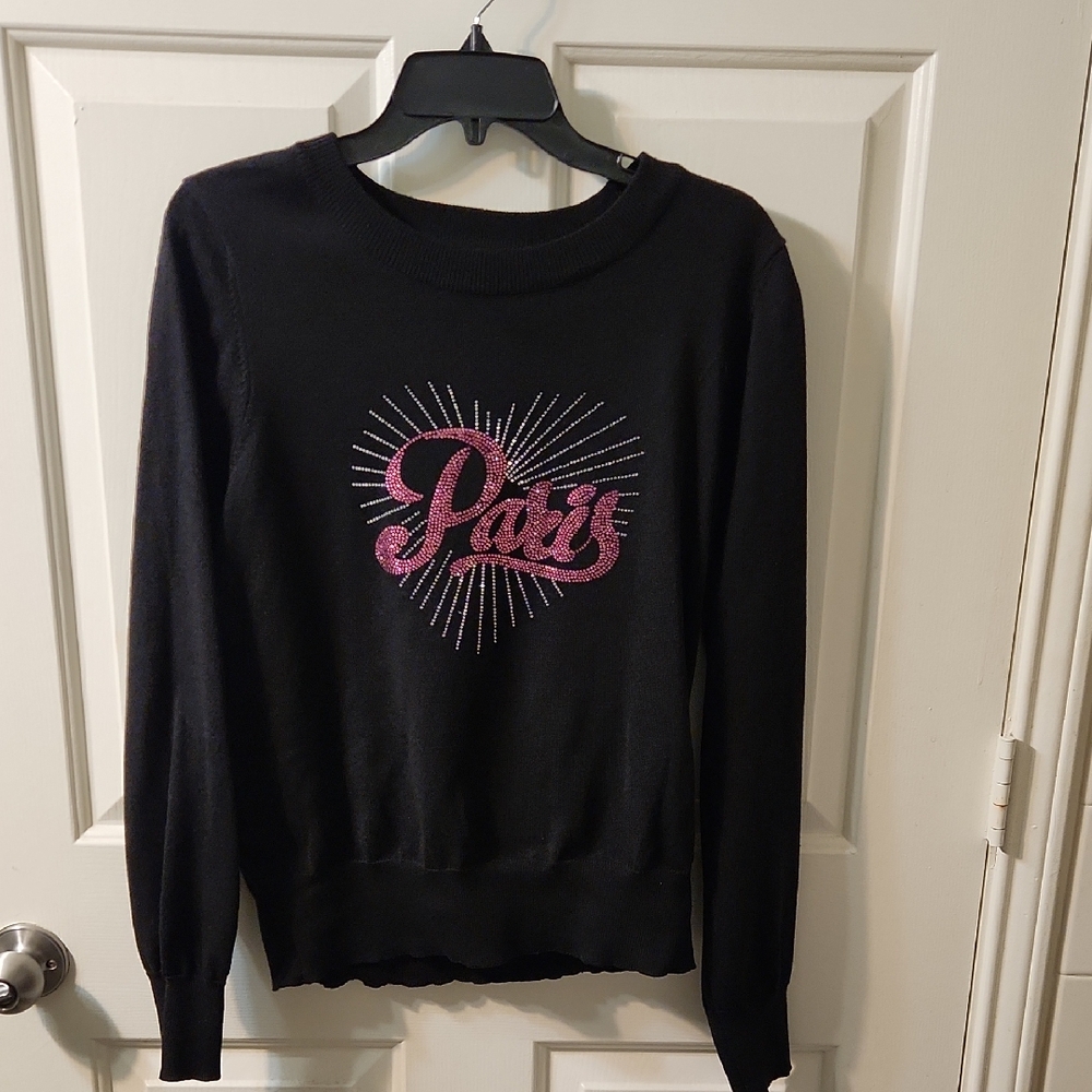 Nanette Lepore Black Sweater with Pink Paris Motif